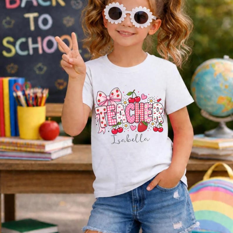 May include: A white short-sleeved t-shirt featuring a graphic print with the word TEACHER in pink and white checkered lettering, decorated with cherries, strawberries, daisies, a pink bow, and the name Isabella written in black script.
