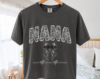 Personalized Nana Halloween Boxy Cropped Tee, Custom Grandkids Names, Black Lace Bow Comfort Colors Tee, Gothic Spooky Nana Crop Top