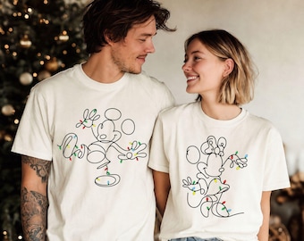 Mickey and Minnie Christmas Couple Shirts, Matching Disney Holiday Tees, Christmas Lights Line Art, His and Hers Christmas T-Shirts