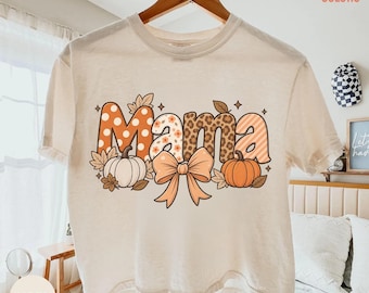 Retro Fall Mama Boxy Cropped Tee, Comfort Colors Mama Shirt, Leopard Pumpkin Fall Tee, Coquette Bow Autumn Crop Top, Mom Life Autumn Gift