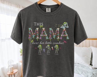 Retro Zombie Mama Halloween Boxy Cropped Tee, Personalized Mama Comfort Colors Shirt, Custom Kids Names, Spooky Season Tee, Family Shirt
