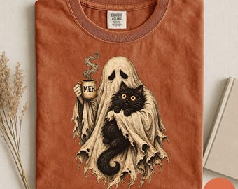 Ghost Cat Halloween Shirt, Funny Black Cat Coffee Tee, Comfort Colors® Spooky Season Shirt, Vintage Ghost Cat Tee, Introvert Halloween Shirt