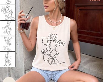 Camiseta regata com estampa minimalista da Minnie Mouse, perfeita para viagem à Disneylândia. Ideal para presentear mulheres nas férias.