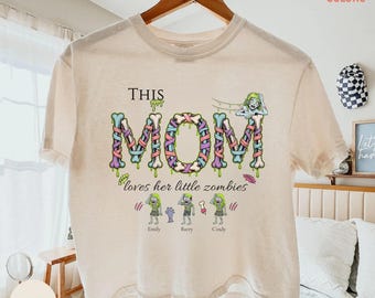 Retro Zombie Mom Halloween Boxy Cropped Tee, Personalized Mom Shirt, Custom Kids Names, Mombie Shirt, Mom Life Tee, Family Halloween Shirt