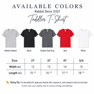 May include: A Rabbit Skins 3321 toddler t-shirt color chart featuring five short-sleeve shirts in athletic heather, black, heather dark gray, red, and white. A sizing table lists widths and lengths in inches for sizes 2T, 3T, 4T, and 5/6.