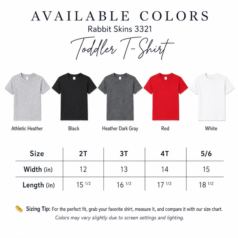 May include: A Rabbit Skins 3321 toddler t-shirt color chart featuring five short-sleeve shirts in athletic heather, black, heather dark gray, red, and white. A sizing table lists widths and lengths in inches for sizes 2T, 3T, 4T, and 5/6.