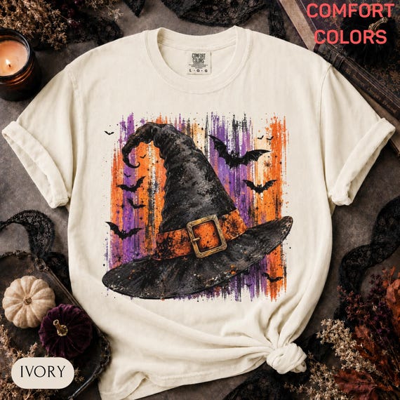 Vintage Witch Hat Shirt, Retro Halloween Witch Tee, Distressed Striped Spooky Season Comfort Colors® T-Shirt