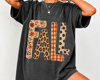 Retro Fall Comfort Colors Shirt, Leopard Floral Plaid Autumn Tee, Vintage Fall Graphic T-Shirt, Thanksgiving Season Shirt for Women