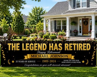Personalized Retirement Yard Banner, The Legend Has Retired Banner, Custom Retirement Party Sign with Name, Years of Service Outdoor Banner
