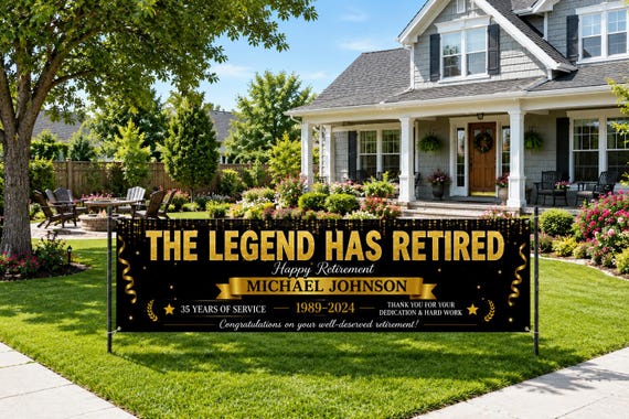 Personalized Retirement Yard Banner, The Legend Has Retired Banner, Custom Retirement Party Sign with Name, Years of Service Outdoor Banner