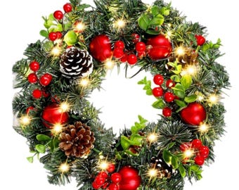 Eleganter roter LED-Weihnachtskranz mit roten Beeren, PVC-Tür-/Fensterdekoration, Wandbehang, Weihnachtsdekoration
