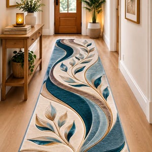 May include: A long rectangular runner rug featuring a flowing, carved-look design with deep teal, beige, and brown tones. The pattern consists of sweeping curves and stylized leaf motifs that create a textured, three-dimensional appearance.