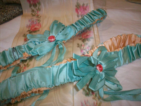 Set of two turquoise ribbon work garters silk auth