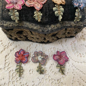 Exquisite ribbon work silk flowers antique