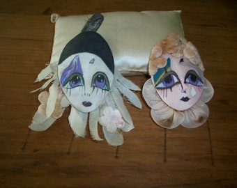 Rare silk hand painted flapper mirror faces antique authentic ribbon work