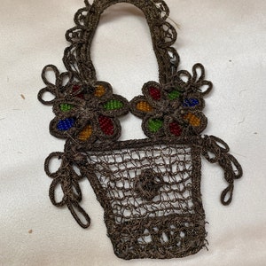 Exceptional and rare silk and metal antique authentic ribbon work basket glass beads