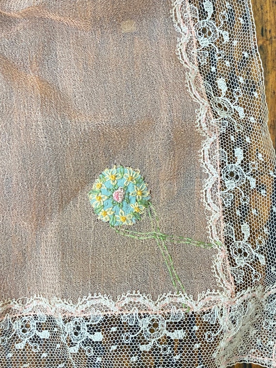 Antique silk peach crepe hanky with embroidery