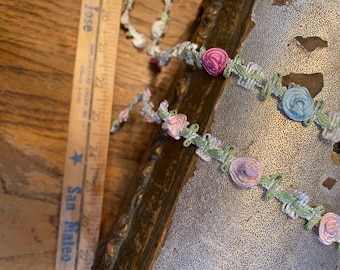 Antique authentic ribbon work silk or rayon garland in two colors