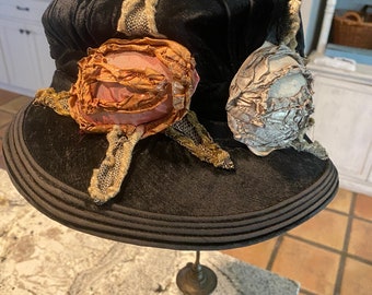 Breathtaking  antique adult size hat with ribbon work ruffled flowers