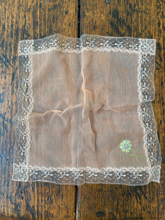 Antique silk peach crepe hanky with embroidery - image 2