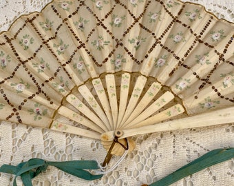 Gorgeous fan antique authentic 1920s real metal sequins