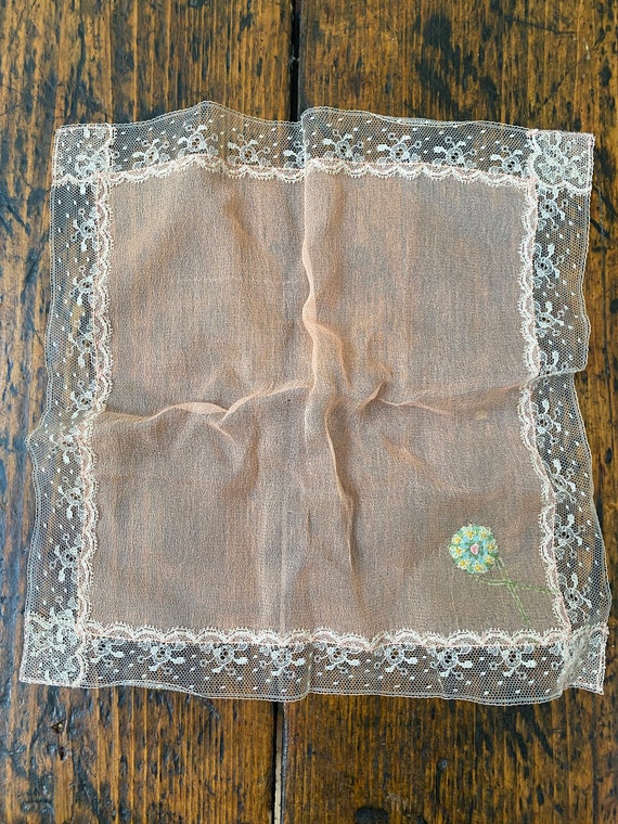 Antique silk peach crepe hanky with embroidery - image 5