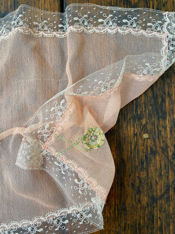 Antique silk peach crepe hanky with embroidery - image 3