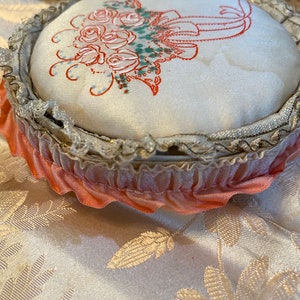 Antique powder puff box with hand painted roses  authentic 1920s