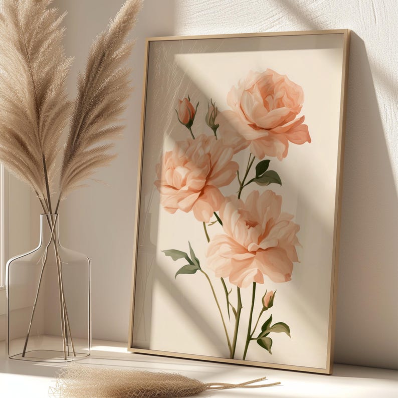 Neutral Roses Printable Peach Rose Print, Botanical Wall Art, Blush Floral Poster, Neutral ...