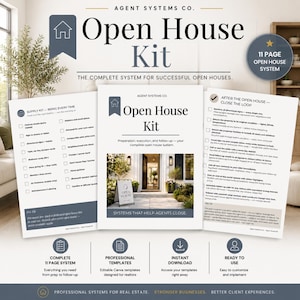May include: An 11-page Open House Kit document set featuring a supply checklist, a central cover page with a house photo, and an after-open-house task list. The white pages include dark blue text, headers, and icons for real estate preparation.