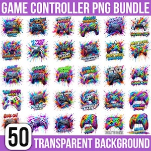 May include: A digital collection of 50 game controller illustrations featuring vibrant paint splatter effects in rainbow colors. Each graphic includes various gaming-themed text such as Victory Loading, Gamer's Paradise, and Level Up Legend on a white background.