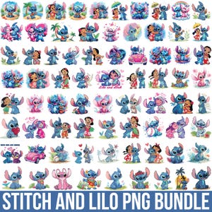 May include: A digital collection of numerous illustrations featuring the blue alien character Stitch and the young girl Lilo in various poses, activities, and settings, with the text LILO AND STITCH PNG BUNDLE displayed at the bottom.