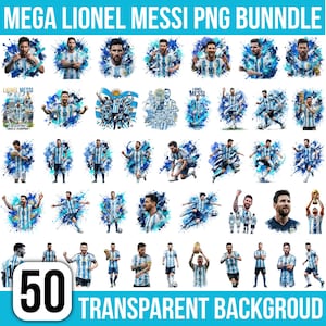 May include: A digital collection of 50 Lionel Messi PNG images featuring the athlete in various soccer poses, wearing the blue and white Argentina jersey, accented with blue paint splatter effects and the text MEGA LIONEL MESSI PNG BUNNDLE.