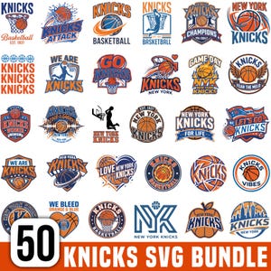 Puede incluir: Una colección de 50 diseños gráficos con temática de baloncesto de los New York Knicks que incluyen varios logotipos, balones, canastas y elementos de texto en naranja, azul y blanco. La imagen incluye el texto 50 KNICKS SVG BUNDLE abajo.