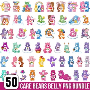 May include: A collection of 50 digital illustrations featuring various Care Bears characters in different poses, colors, and activities, including rainbows, clouds, and hearts, with the text 50 CARE BEARS BELLY PNG BUNDLE at the bottom.