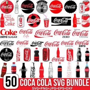 May include: A collection of 50 Coca-Cola graphic designs featuring various logos, red and black soda cans, glass bottles, and text elements like "things go better with Coke," "Enjoy," and "zero sugar" displayed in a grid format on a white background.
