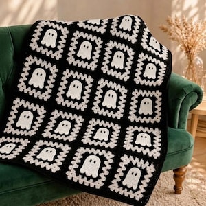 CROCHET PATTERN + Video - Ghost Granny Square Blanket Pattern Easy Halloween Crochet Throw Baby Blanket Afghan Instant Digital Download PDF