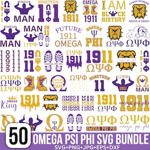 Könnte beinhalten: Eine digitale Sammlung von 50 Grafikdesigns zum Thema Omega Psi Phi in Lila und Gold. Die Bilder zeigen Bulldoggen-Illustrationen, griechische Buchstaben, das Jahr 1911, Stiefelabdrücke, Silhouetten und Text wie Omega Man, Father, Husband und Que.