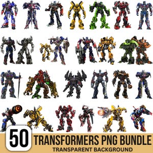May include: A collection of 50 digital images featuring various Transformers robot characters in diverse poses, colors, and mechanical designs. The set includes figures in red, blue, yellow, green, and metallic tones, with some holding weapons.