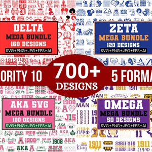 May include: A digital collection of over 700 sorority and fraternity graphic designs in five formats. The image features four distinct rectangular panels labeled Delta, Zeta, AKA, and Omega, each showcasing various logos, text, and symbols.