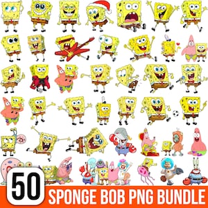 Op de afbeelding: Een verzameling van 50 digitale illustraties met SpongeBob SquarePants en vrienden in verschillende houdingen en outfits, waaronder Patrick Ster, Octo Tentakel en Meneer Krabs. De afbeeldingen tonen personages die lachen en spelen.