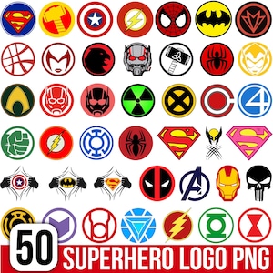 May include: A collection of 50 circular superhero and comic book character logos, including emblems for Superman, Batman, Spider-Man, The Flash, and the Avengers. The graphic set features various colorful icons, symbols, and masks arranged in a grid.