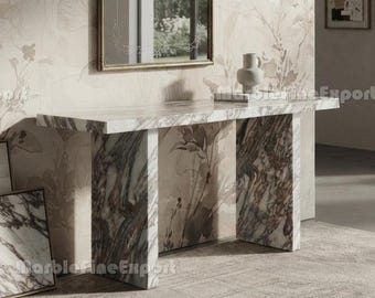 Natural Marble Console Table | Burgundy Brown Veined Stone Entryway Sofa Table