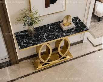 Nero Marquina Marble Console Table, Gold Stainless Steel Entryway Table