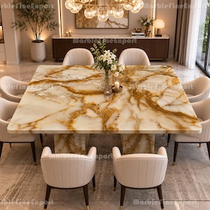 Luxury Honey Onyx Rectangular Dining Table, Handmade Natural Stone Pedestal Base
