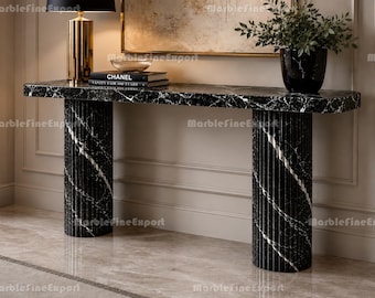 Consola de mármol Nero Marquina, mesa de entrada con pedestal estriado, piedra de lujo