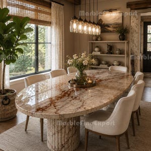 May include: An oval dining table with a polished beige and brown marble top and a fluted cylindrical base. The table is surrounded by six upholstered chairs with light fabric and dark wooden legs, positioned on a textured area rug.