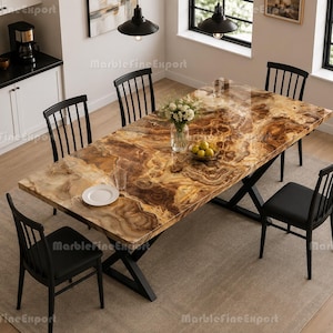 Luxe eettafelblad van bruine onyx | Gepolijst natuursteen, rechthoekige keukentafel
