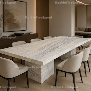 Luxury White Marble Rectangular Dining Table, Natural Stone Double Pedestal Kitchen Table