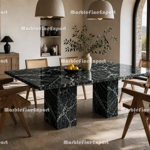 Mesa de comedor de mármol negro Nero Marquina, mesa de cocina rectangular con base de pedestal.